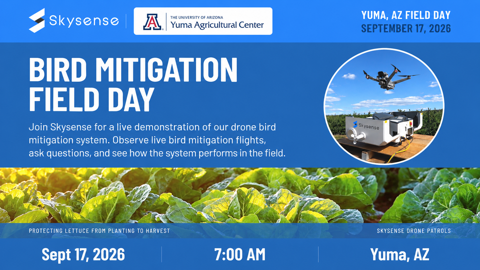 A flyer for Bird Mitigation Field Day in Yuma Agricultural Center at 7AM Thursday, September 17th, 2026